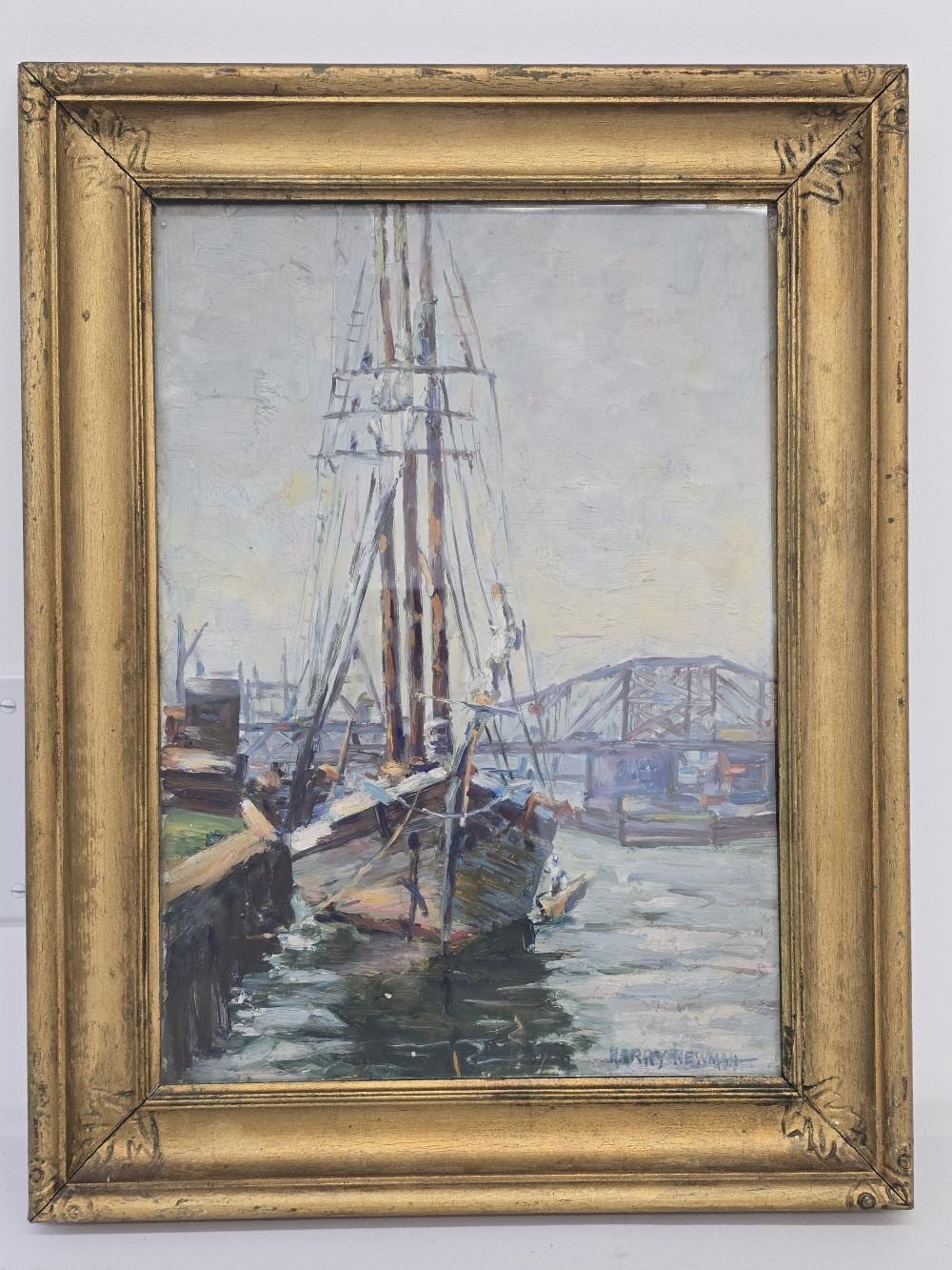 Harry W. Newman comparable auction result: harry w newman american 1873 1946 oil on board dock harbor scene