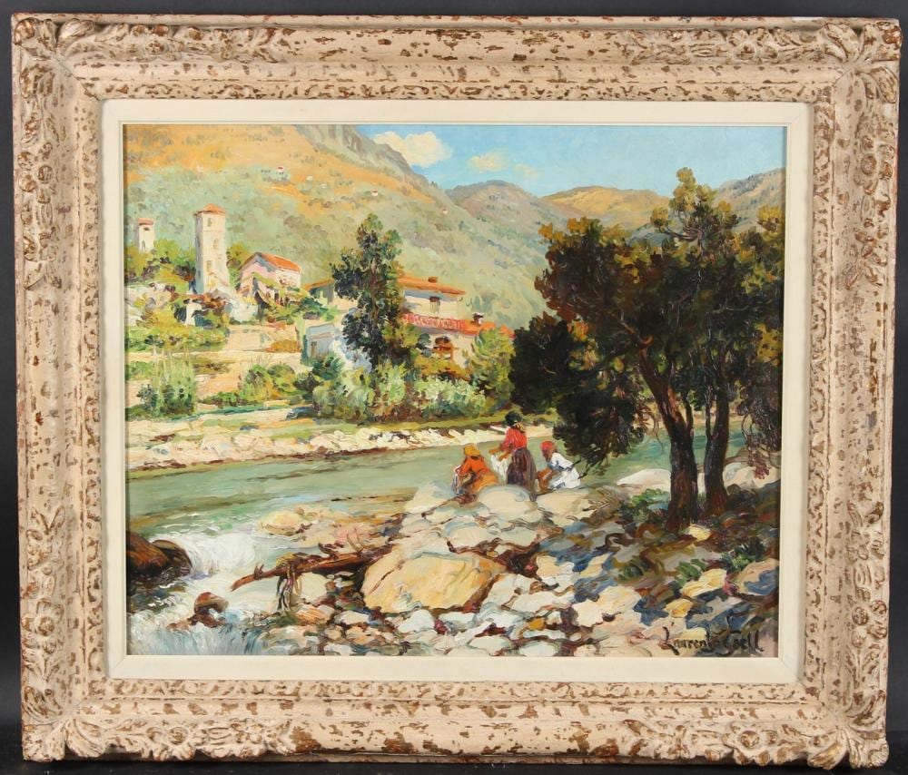 Laurent Gsell comparable auction result: laurent gsell 1860 1944 river landscape with hillside village and women washing clothes oil on canvas s