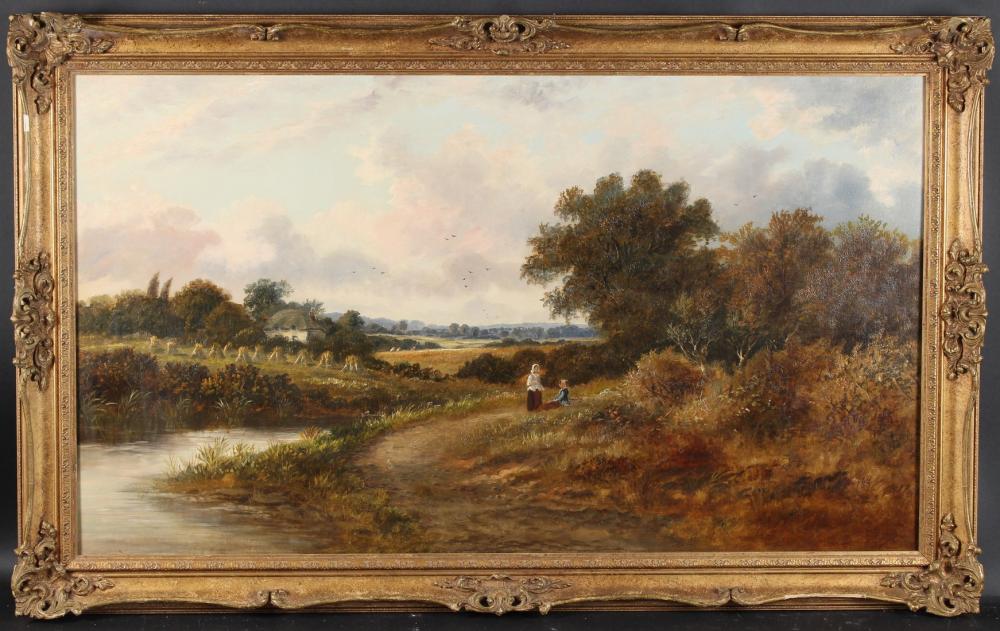 James Edwin Meadows comparable auction result: james edwin meadows 1828 1888 landscape with two women resting by the bend in a river oil on canvas sig