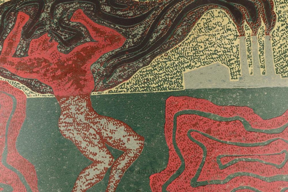 Stanley Lewis comparable auction result: stanley lewis canadian 1930 2006 coloured woodcut the steel mill 1968