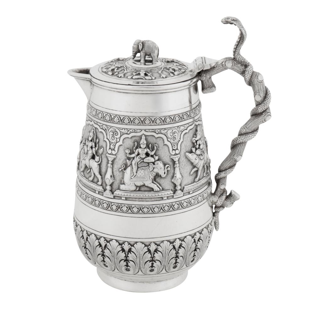 Bangalore circa 1900 by Krishniah Chetty A late 19th / early 20th century Anglo – Indian silver jug sold by Chiswick Auctions, lot 113 — auction record photograph