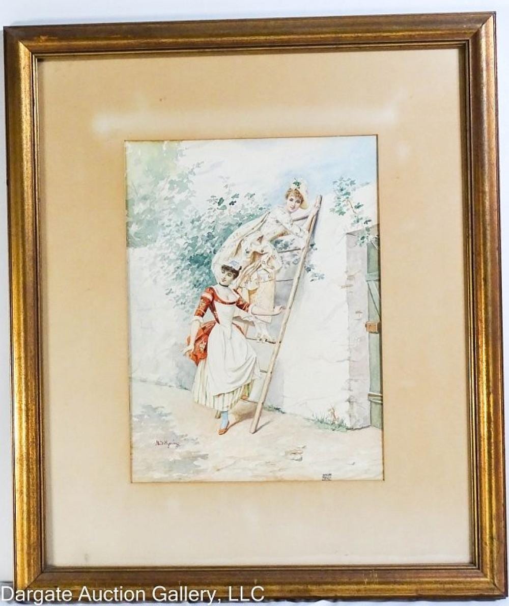 Marie Garay comparable auction result: marie de garay watercolor women climbing a ladder