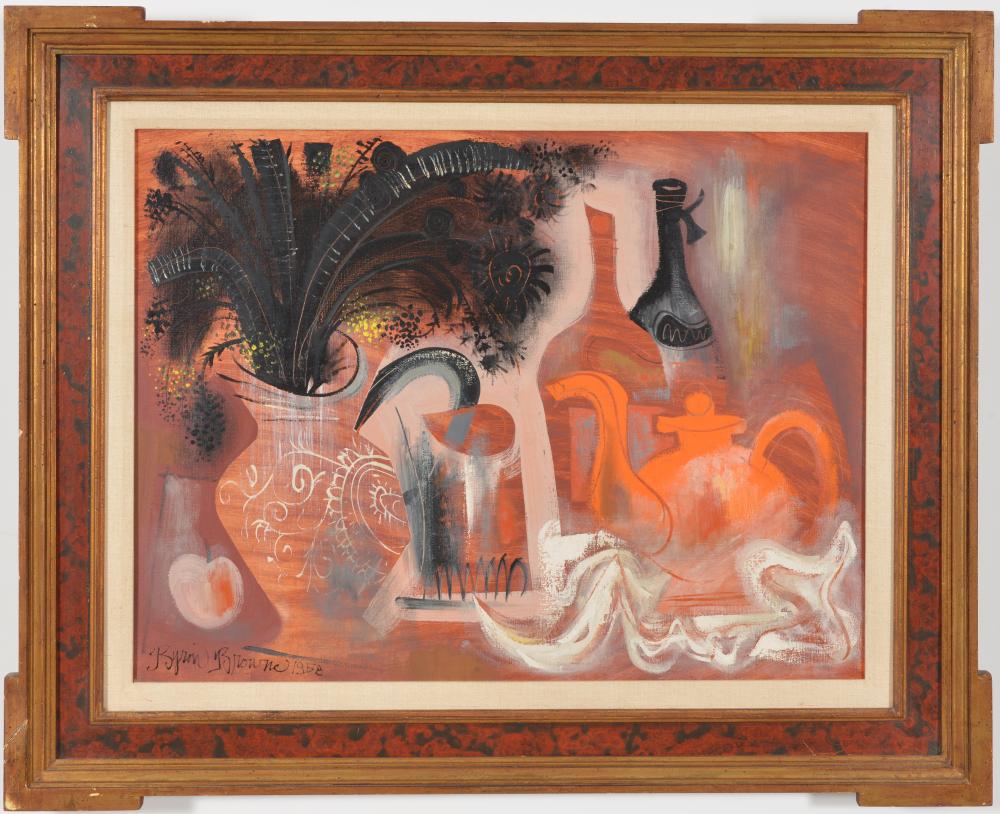 Auction comp thumbnail for Byron Browne. "Vase of Flowers". 1958. Abstract still life painting. Oil on canvas. Signed lower left. Inscribed on reverse. Framed. Sight: 20 x 26in. Overall: 28 x 34in. (Tremont Auctions, Lot 403)