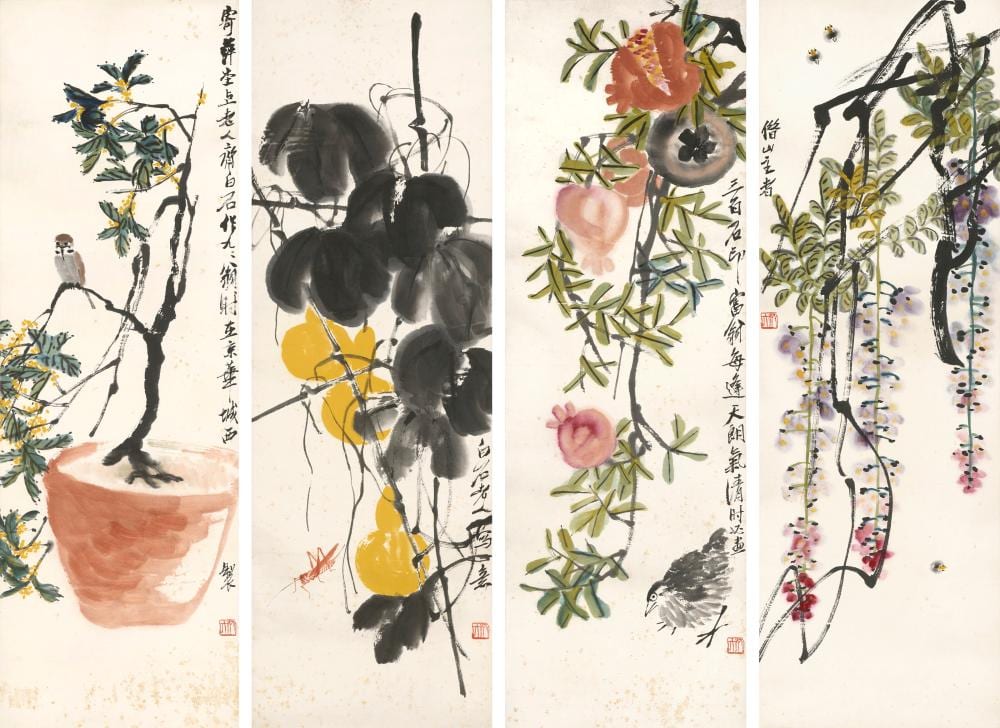 Qi Baishi (1863-1957). Wisteria, Osmanthus, Gourd and Pomegranate. A set of comparable sale