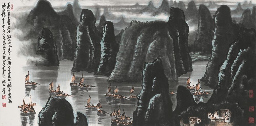 Li Keran (1907-1989). Sailing on River Li. Scroll, mounted and framed, ink comparable sale