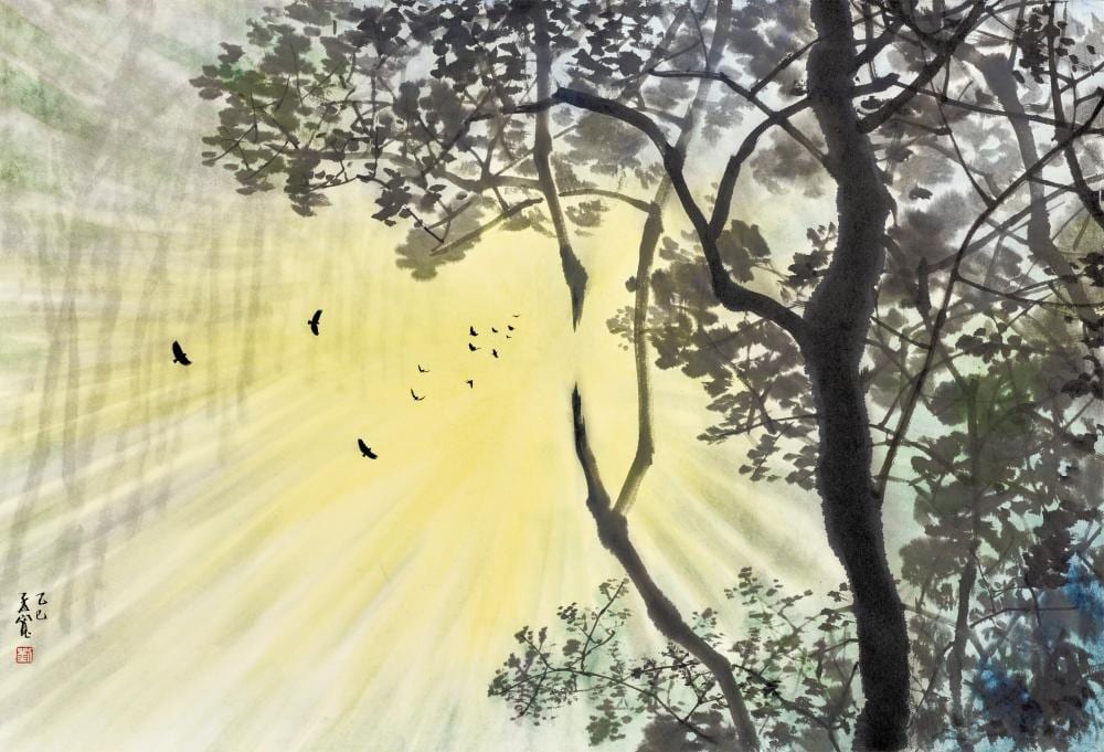 Liu Mengkuan comparable auction result: liu mengkuan b 1950 early bird scroll mounted and framed ink and col
