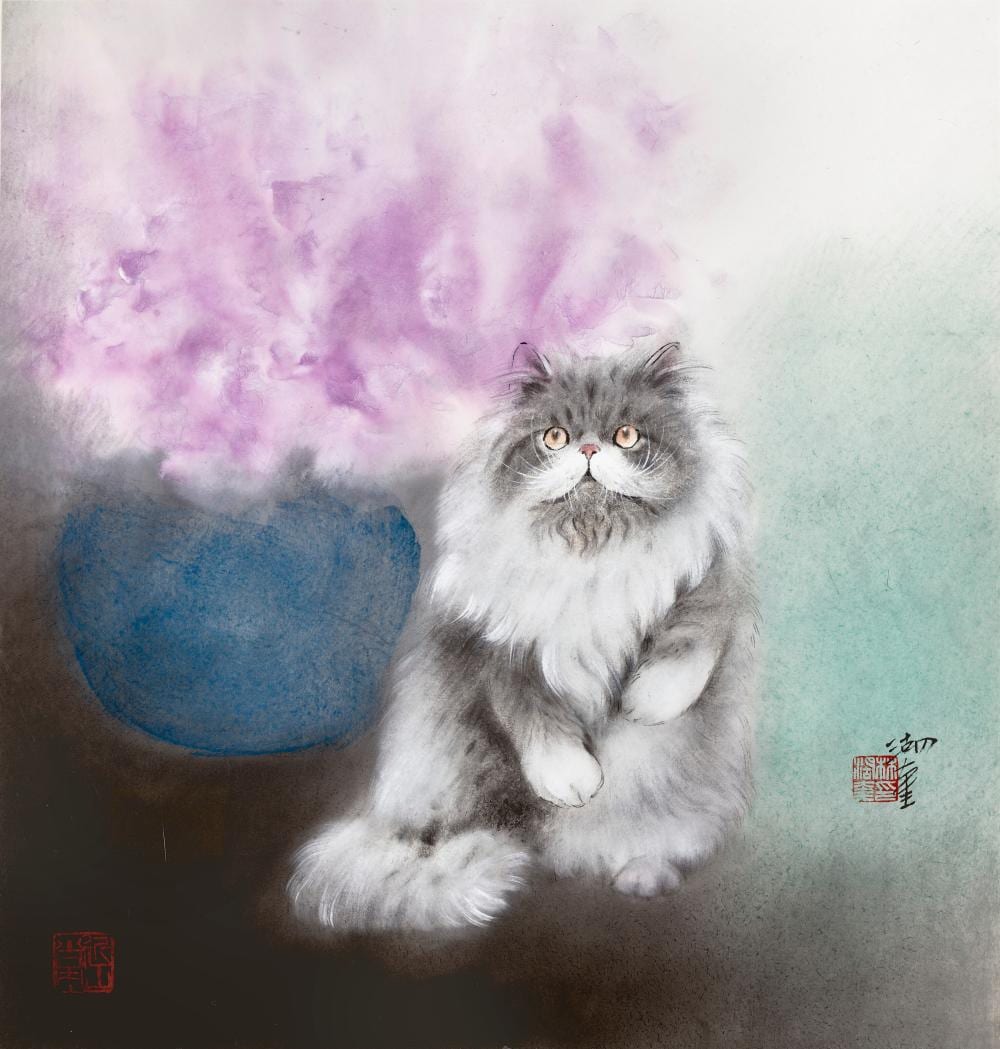 Hukui Lin comparable auction result: lin hukui lam wu fui b 1945 wondering gaze scroll mounted and framed