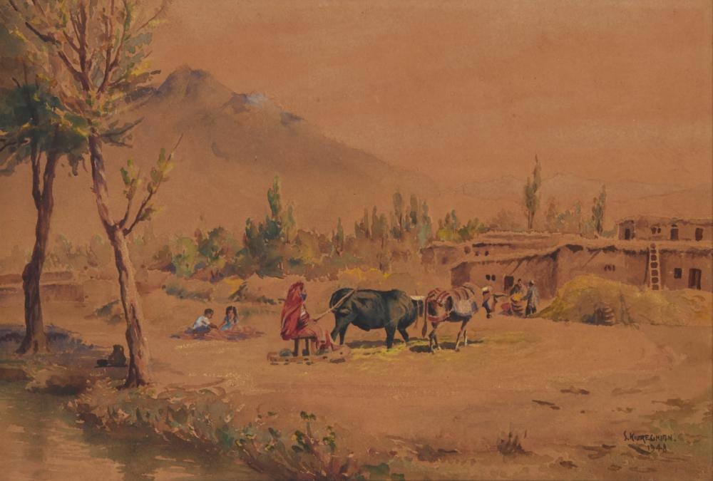 Sumbat Der Kiureghian comparable auction result: sumbat der kiureghian 1913 1999 rural iranian scene with figures and farm animals 1948