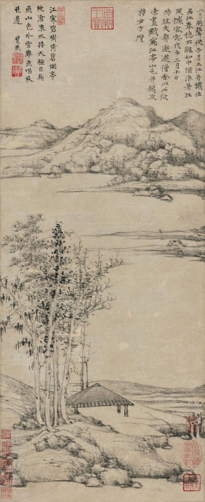 Ni Zan comparable auction result: ni zan 1301 1374 river pavilion mountain colours hanging scroll ink o