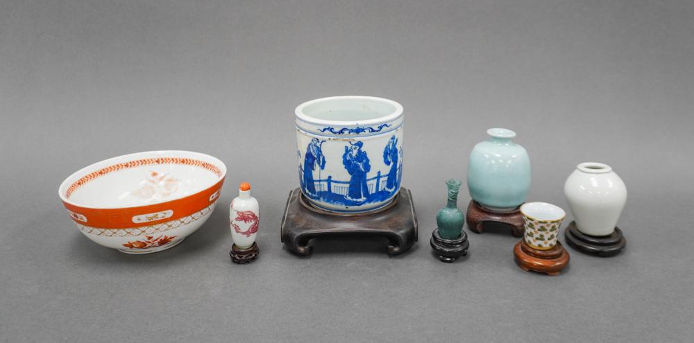 Chinese Export Type Iron-Red Floral Decorated Bowl Made for the Middle Eastern Market, a Blue and White 'Three Sages' Cache Pot, Two Monochrome Small Jars, a Snuff Bottle, a Kutani Sake Cup and an Ancient Type Aqua Glass sold by Weschler's, lot 139 — auction record photograph