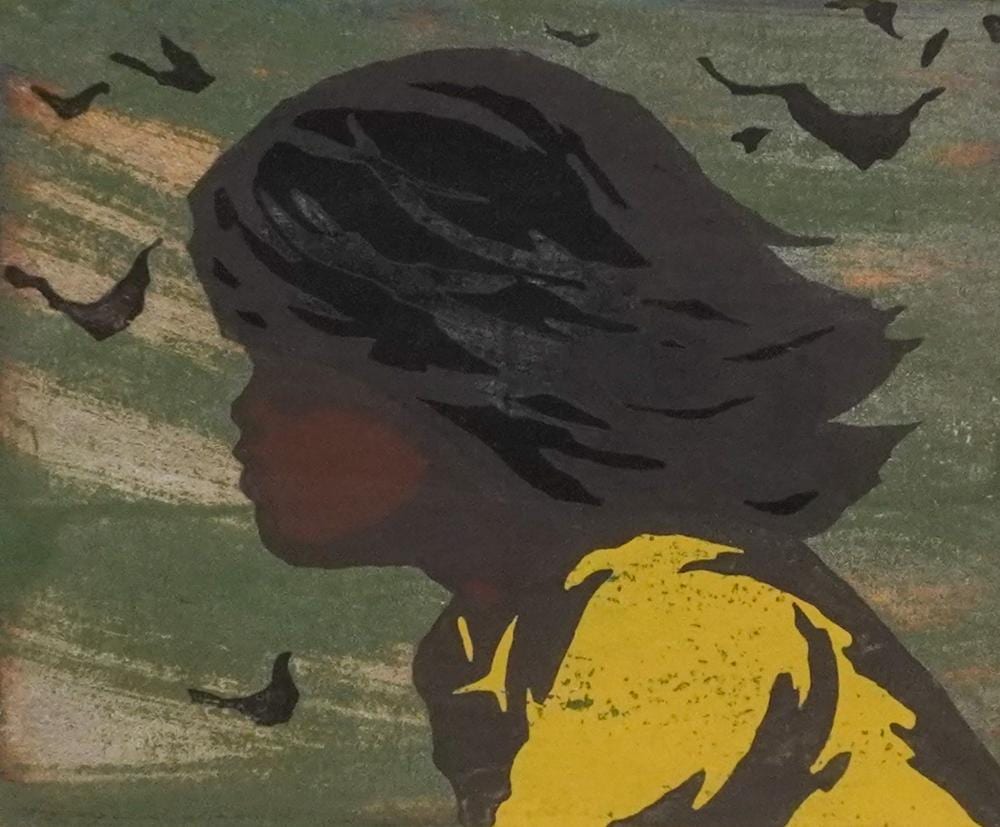 Tadashi Nakayama comparable auction result: tadashi nakayama japanese b 1927 girl in the wind woodblock print in color signed and dated 1956 l l frame 15 x 15 1 4 in 38 1 x 38 7 cm