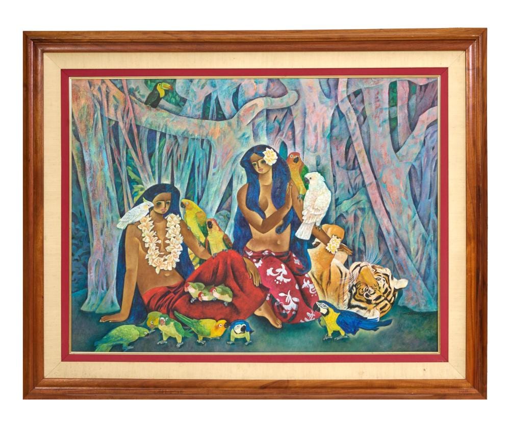 Zhou Ling comparable auction result: zhou ling chinese b 1941 tahitian nudes with parrots and tiger h 36 in w 48 in framed h 47 1 4 in w 59 1 8 in