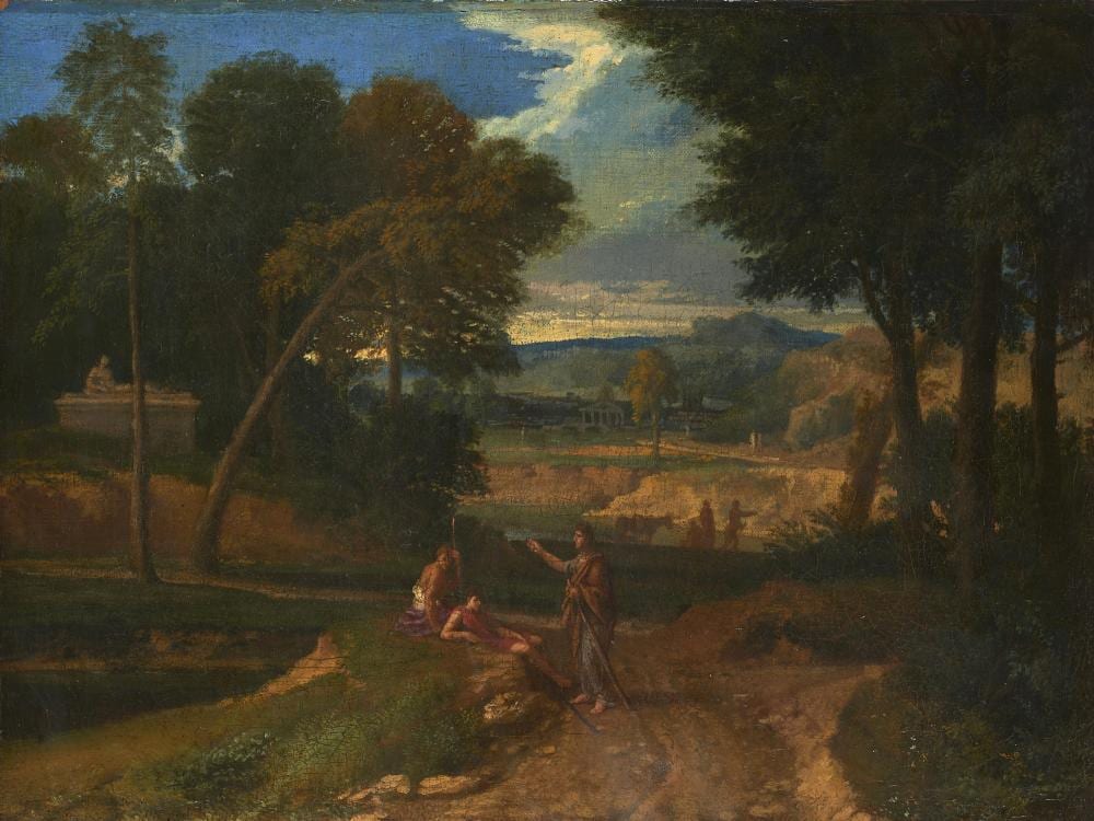 gaspard dughet attr landscape with three shepherds in conversation oil on canvas 30x39 cm defects and restorations · Il Ponte Auction House · 2025-10-28 Gaspard Dughet comparable auction result: gaspard dughet attr landscape with three shepherds in conversation oil on canvas 30x39 cm defects and restorations
