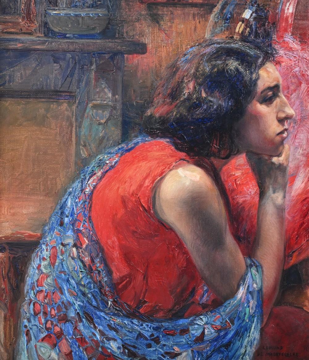 edmond de maertelaere 1876 1938 oil on canvas musing woman signed · Maison Jules Veilinghuis · 2025-10-27 Edmond de Maertelaere comparable auction result: edmond de maertelaere 1876 1938 oil on canvas musing woman signed