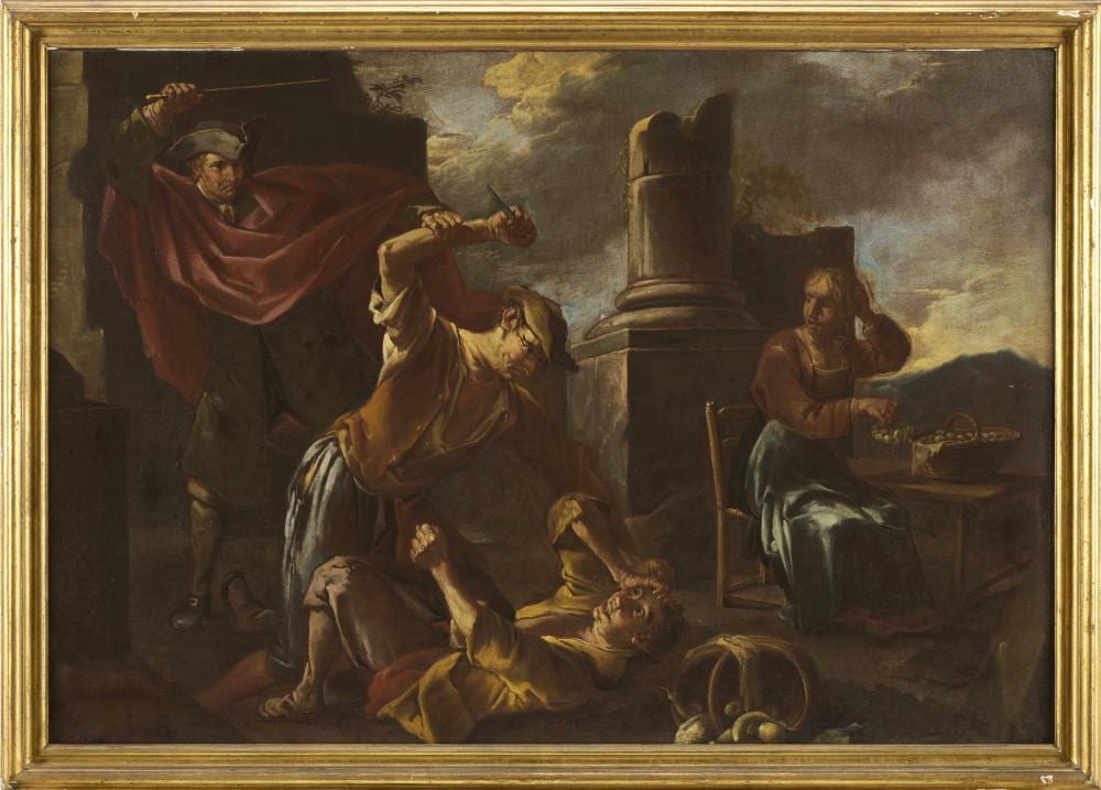 Giacomo Francesco Cipper comparable auction result: giacomo francesco cipper attr brawl among the ruins oil on canvas 77x111 cm framed defects and restorations