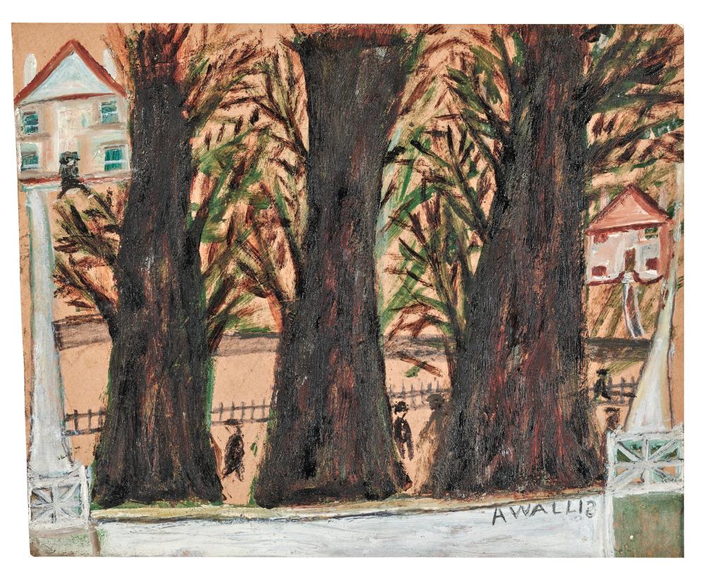Alfred Wallis comparable auction result: alfred wallis 1855 1942 three trees and houses oil on board8 7 8 x 11 i