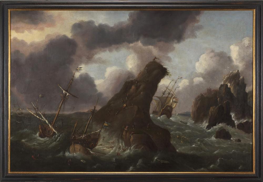 Matthieu van Plattenberg comparable auction result: matthieu van plattenberg attr storm at sea oil on canvas 105x158 5 cm framed defects and restorations expertise giancarlo sestieri 14 novembre 2019