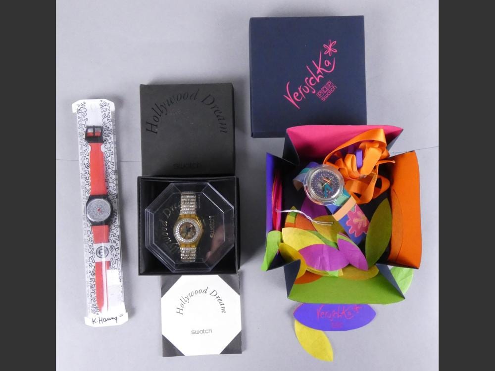 Jewel: SWATCH watches (3 pcs) (functionality not verified): Hollywood Dreem + Keith Haring limited edition 1000 + Veruschka sold by Monsantic.com, lot 464 — auction record photograph