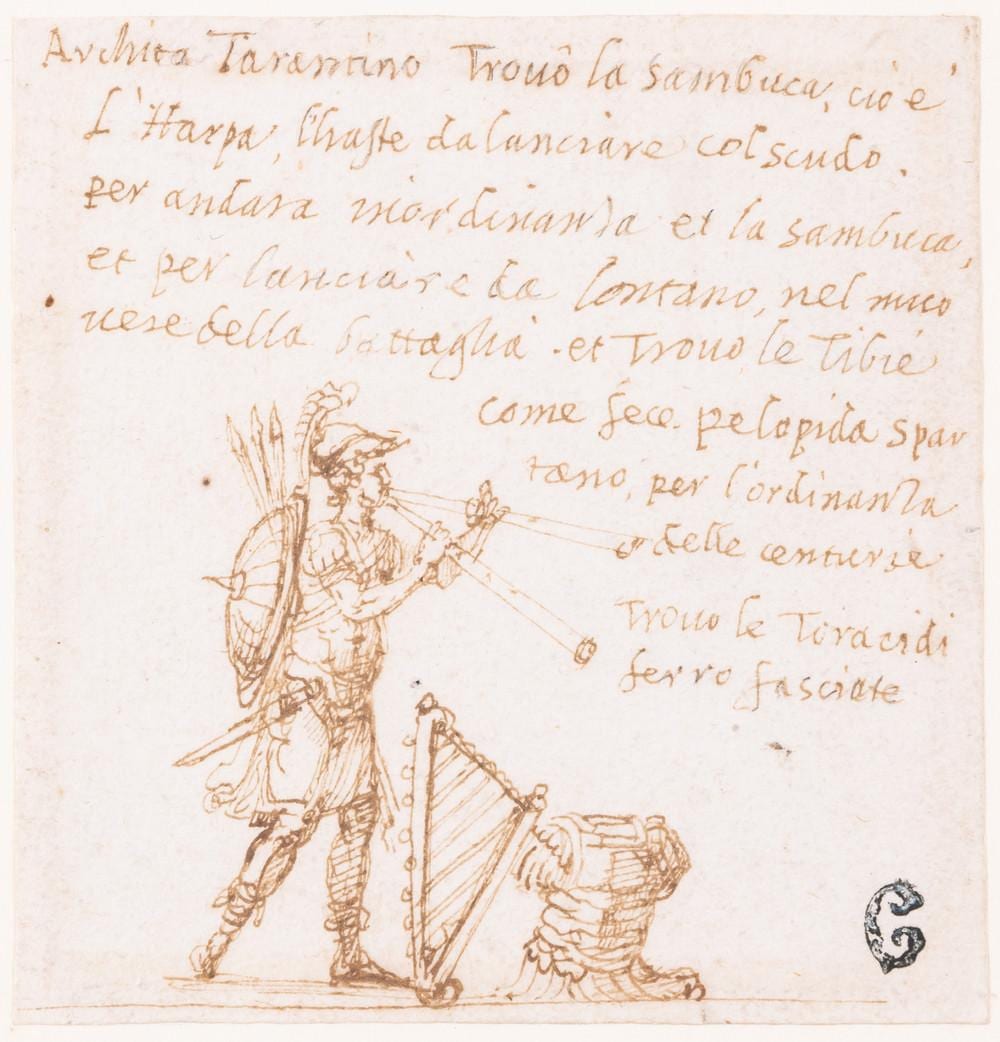 Pirro Ligorio comparable auction result: pirro ligorio circa 1512 1583 greek mythological figure playing the aulos with a harp and armour at their feet