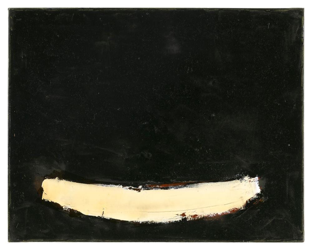 TJ Walton comparable auction result: tj walton massachusetts 1965 yellow boat against a black ground oil on canvas 16 x 20 unframed