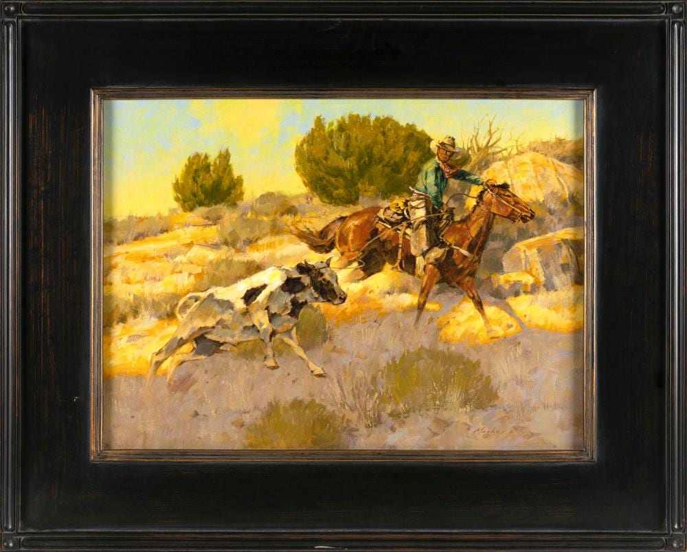 kim mackey colorado 1953 dustup on the rimrock oil on canvas 18 x 24 framed 27 5 x 34 · Eldred's · 2025-11-06 Kim Mackey comparable auction result: kim mackey colorado 1953 dustup on the rimrock oil on canvas 18 x 24 framed 27 5 x 34