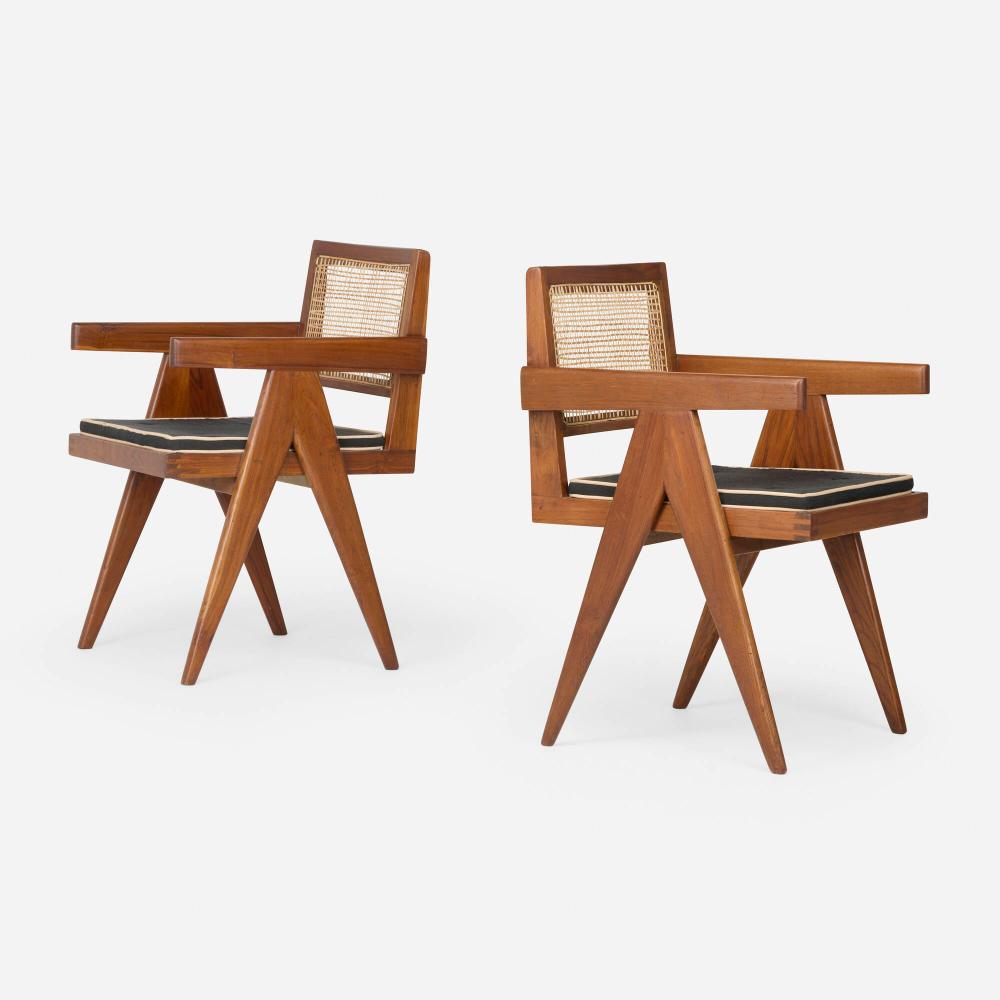 Pierre Jeanneret, Office Cane chairs from Chandigarh, pair sold by Wright, lot 184 — auction record photograph