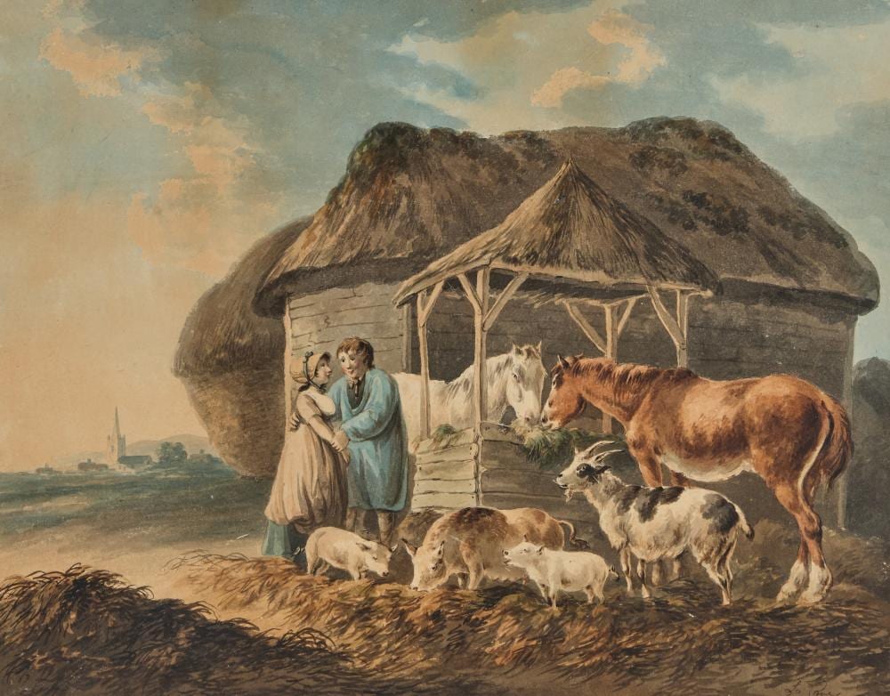 peter le cave 1769 1811 couple at a farmstead with animals · Elstob Auctioneers · 2025-10-23 Peter LaCave comparable auction result: peter le cave 1769 1811 couple at a farmstead with animals