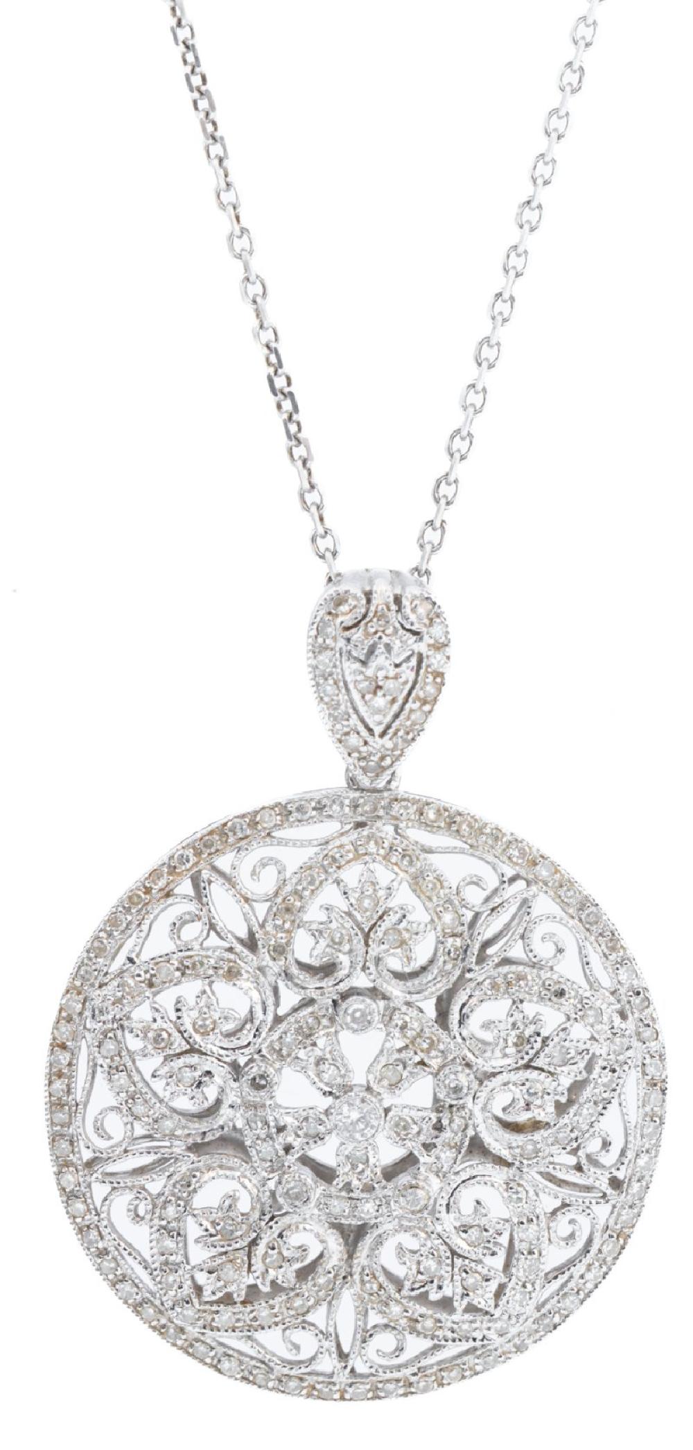 Ladies 14K White Gold and Diamond Art Deco Style Medallion Pendant on a 14K White Gold Chain sold by Goldberg Coins & Collectibles, lot 1057 — auction record photograph