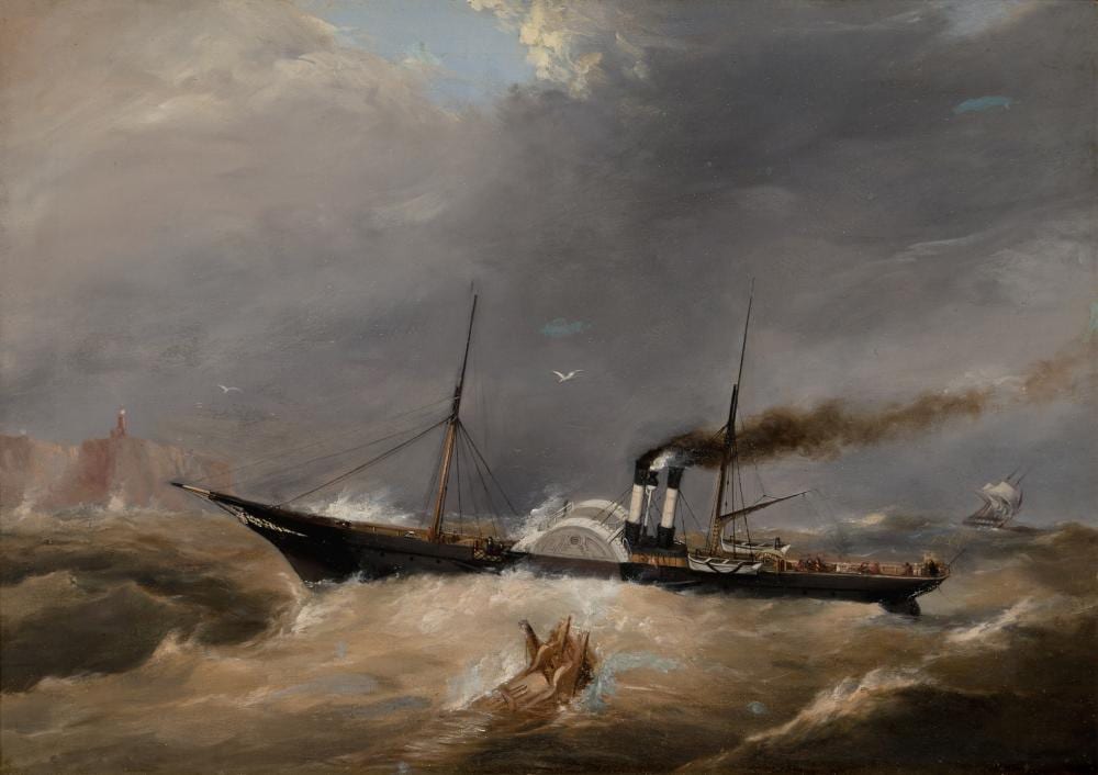 Clement Drew comparable auction result: clement drew american 1806 1889 a paddle steamer in a heavy swell off a rocky headland with lighthouse