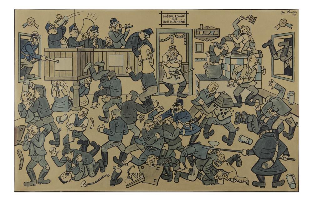 Josef Lada comparable auction result: josef lada czech bohemian 1887 1957 pub fight