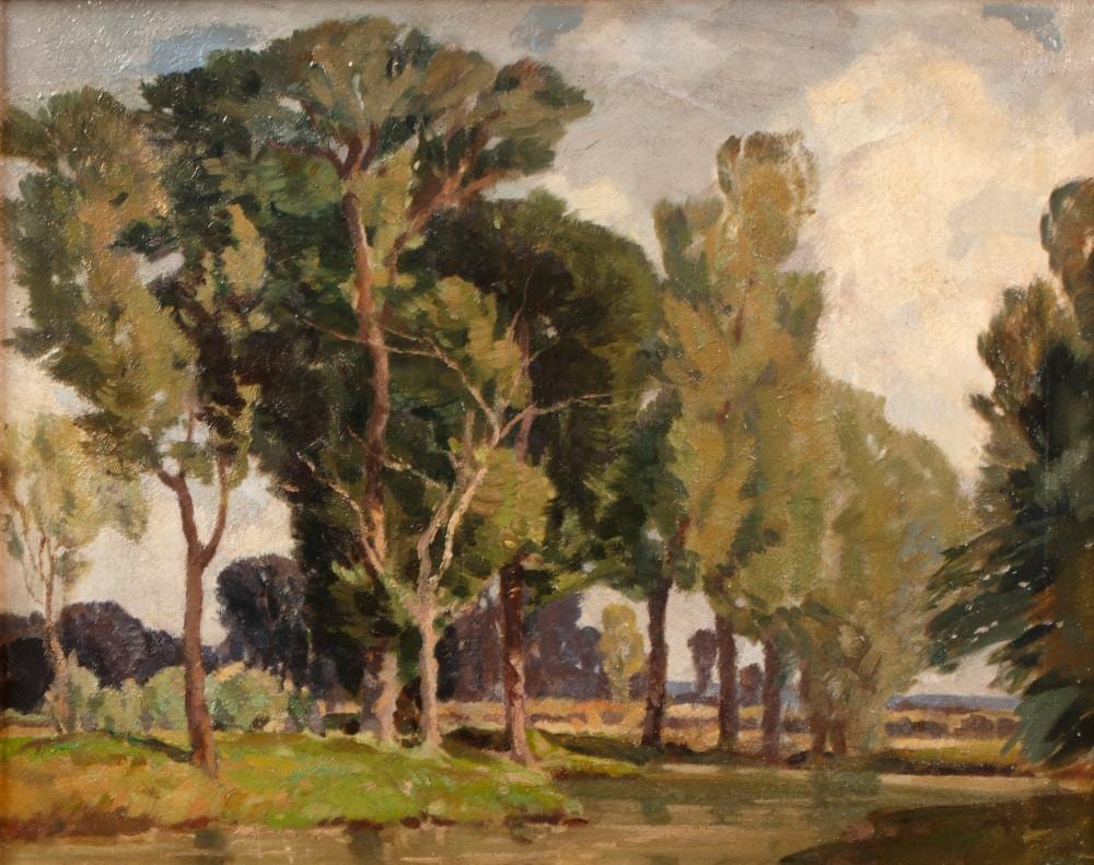 Harry Watson comparable auction result: harry watson 1871 1936 tree by quiet waters studio stamp to stretcher oil on canvas 39 x 49 5cm provenance harry watson studio sale bonhams 1994