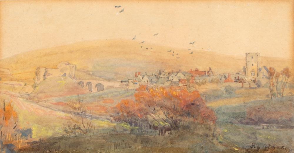 Frederick George Cotman comparable auction result: frederick george cotman 1850 1920 corfe castle signed inscribed verso watercolour 10 x 20cm