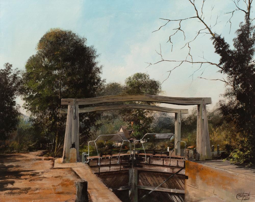 Clive Madgwick comparable auction result: clive madgwick 1934 2005 the lock gate signed and dated 1976 and with artist s label verso oil on canvas 40 x 50cm