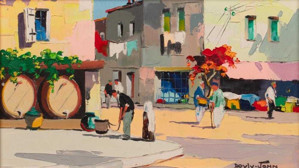 D'oyly John comparable auction result: d oyly john 1906 1993 wine market valauris near nice south of france signed inscribed with title verso oil on board 212 x 36 5cm