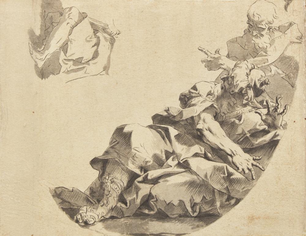 Sebastiano Galeotti comparable auction result: sebastiano galeotti italian 1676 1746 study of a ceiling decoration with two bearded male figures and a study of the lower half of a kneeling figure