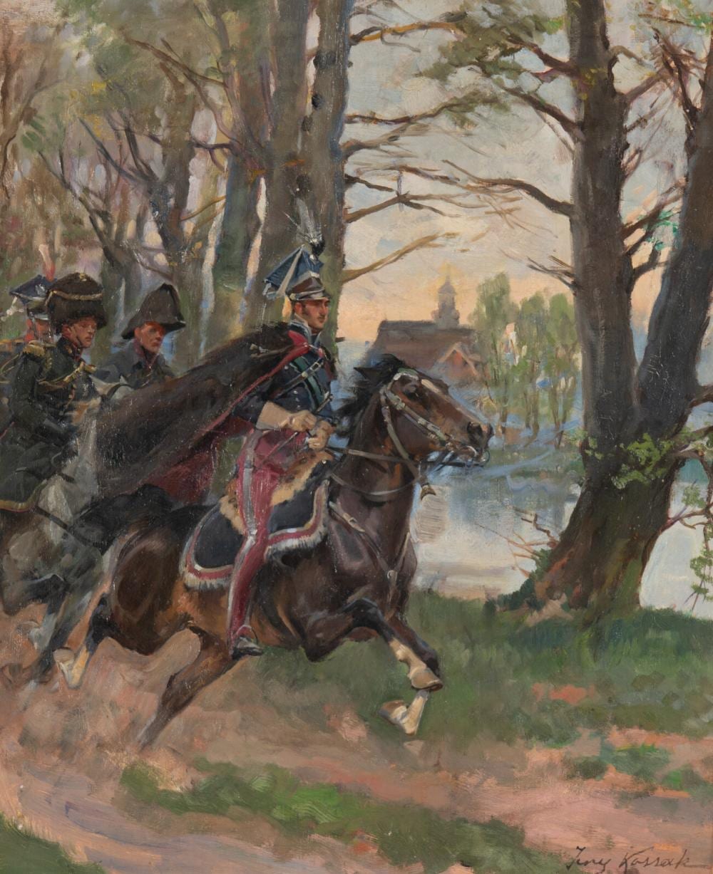 Jersy Kossak comparable auction result: jerzy kossak polish 1886 1955 uhlans in gallop