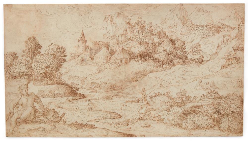 Domenico Campagnola comparable auction result: domenico campagnola italian c 1500 1564 landscape with a farmer seated by a river circa 1530 50 pen and brown ink with traces of black chalk on paper 8 x 14in 20 x 36cm