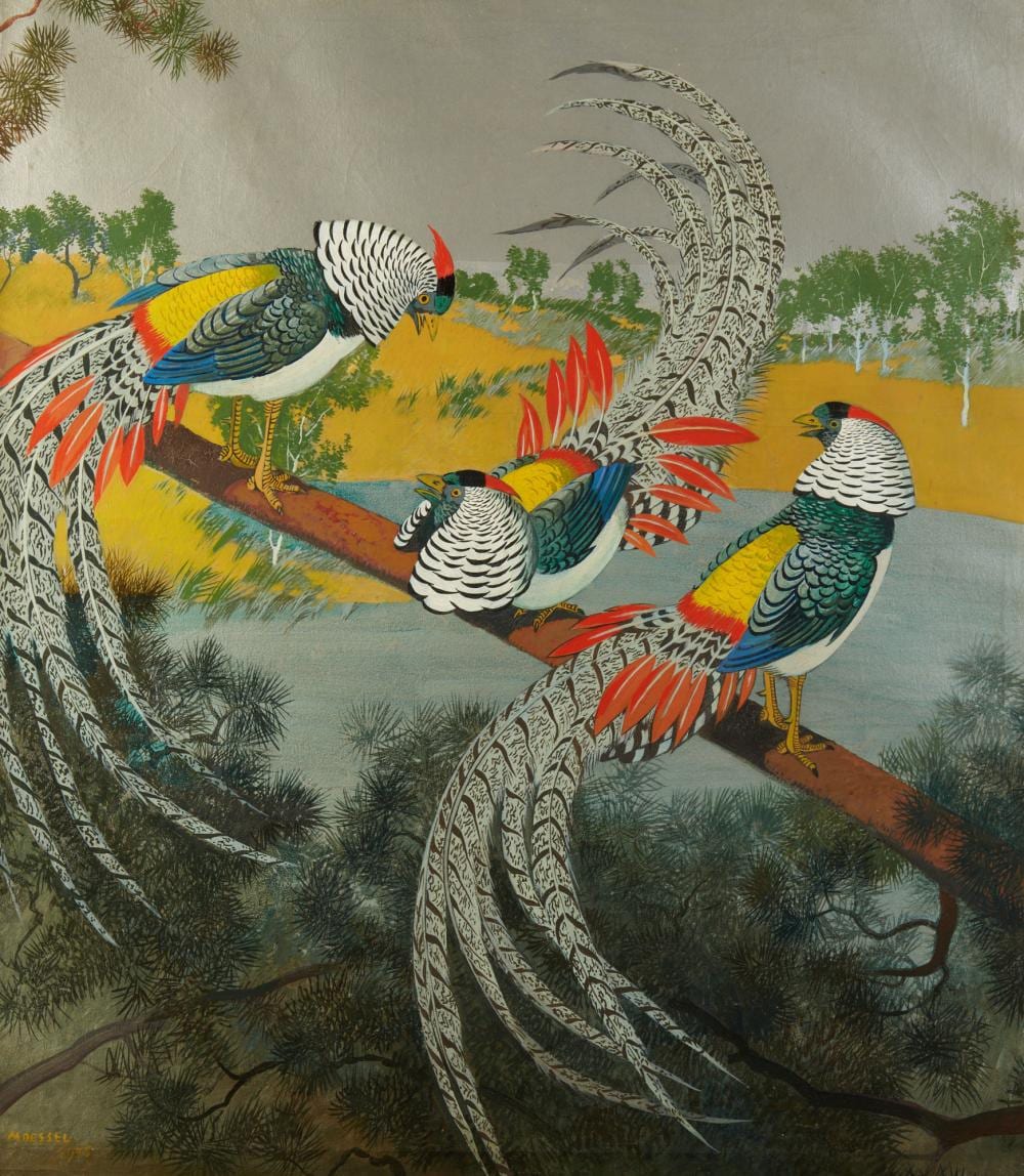 julius moessel american 1871 1957 birds three lady amherst s pheasants on a branch 1945 oil on canvas 39 1 2 x 34 1 2in 100 x 88cm · Andrew Jones Auctions · 2025-10-24 Julius Moessel comparable auction result: julius moessel american 1871 1957 birds three lady amherst s pheasants on a branch 1945 oil on canvas 39 1 2 x 34 1 2in 100 x 88cm