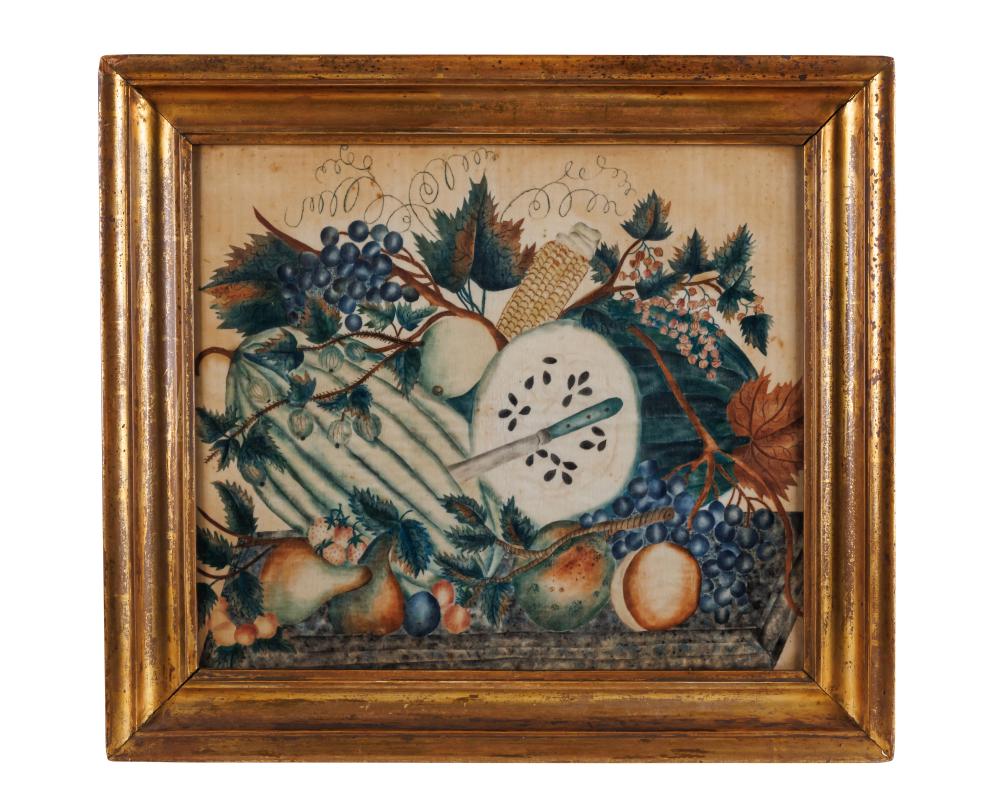New England Theorem Painting on Velvet (New England, ca. 1830) Frame: 21 3/4 x 24 in. (55.2 x 61 cm.) sold by Bray & Co. Auctions, lot 229 — auction record photograph