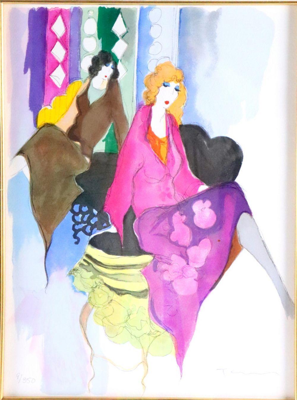 Color serigraph print featuring stylized figures: a dark-haired woman in a brown dress and a blonde woman in pink and blue poses together with abstract shapes.