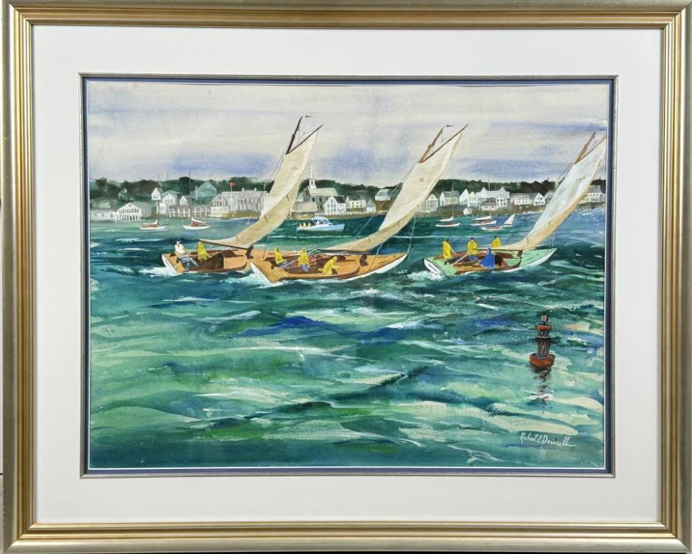 robert driscoll massachusetts 1940 2008 sailboat race watercolor on paper 22 x 29 framed 31 x 39 · Sandwich Auction House · 2025-11-12 Robert Driscoll comparable auction result: robert driscoll massachusetts 1940 2008 sailboat race watercolor on paper 22 x 29 framed 31 x 39