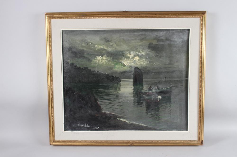 Avni Arbas comparable auction result: avni arbas 1919 2003 turkish moonlit boat scene two men in a small boat signed and dated 1957 oil on c
