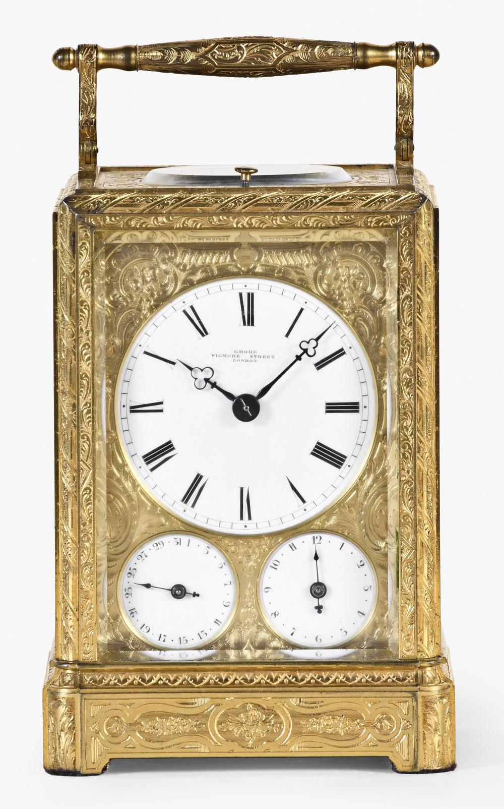 A good mid 19th century quarter striking and repeating carriage clock signed Grohe sold by Schmitt Horan & Co., lot 339 — auction record photograph