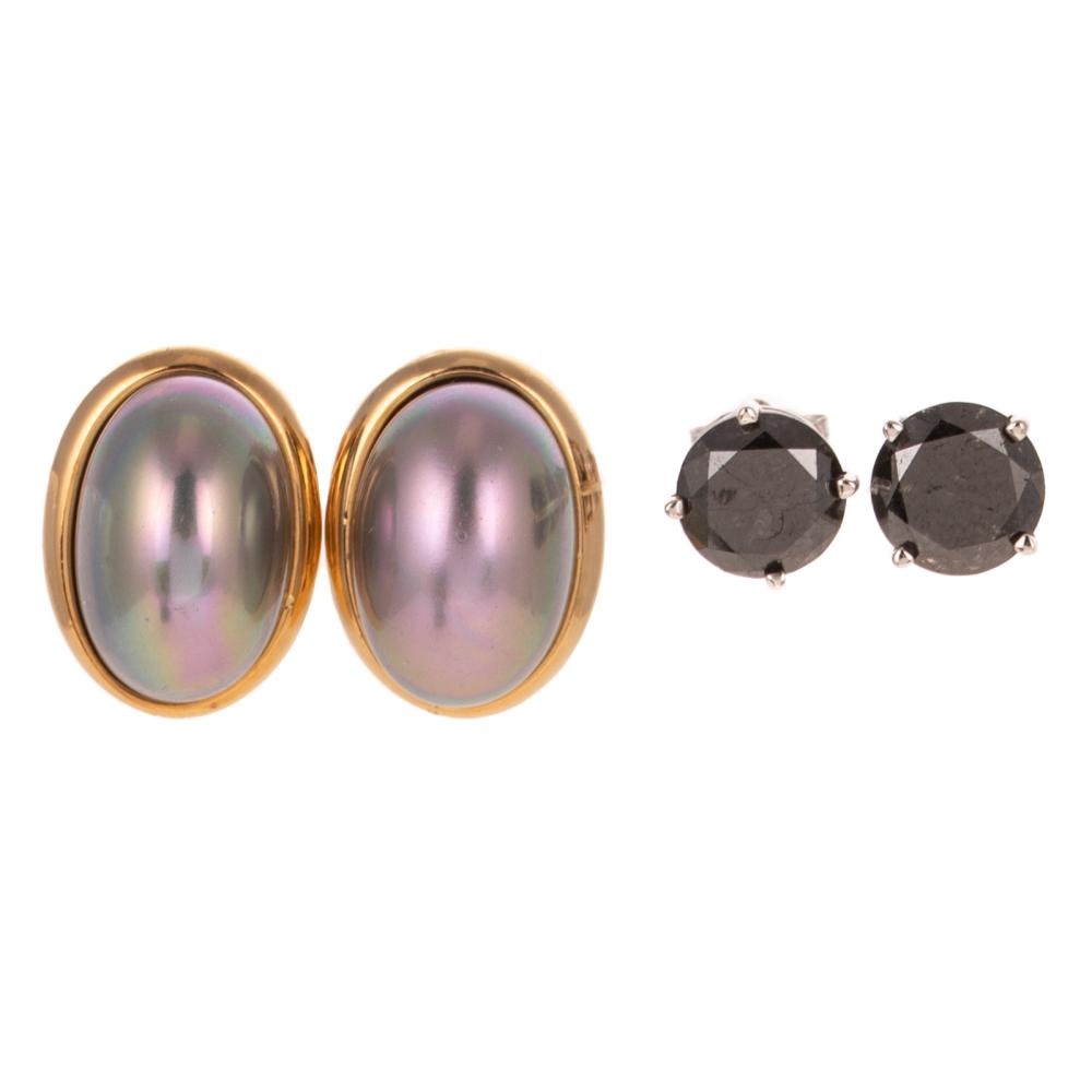 A Pair of Black Diamond Studs in 14K & Majorica Studs sold by Alex Cooper, lot 195 — auction record photograph