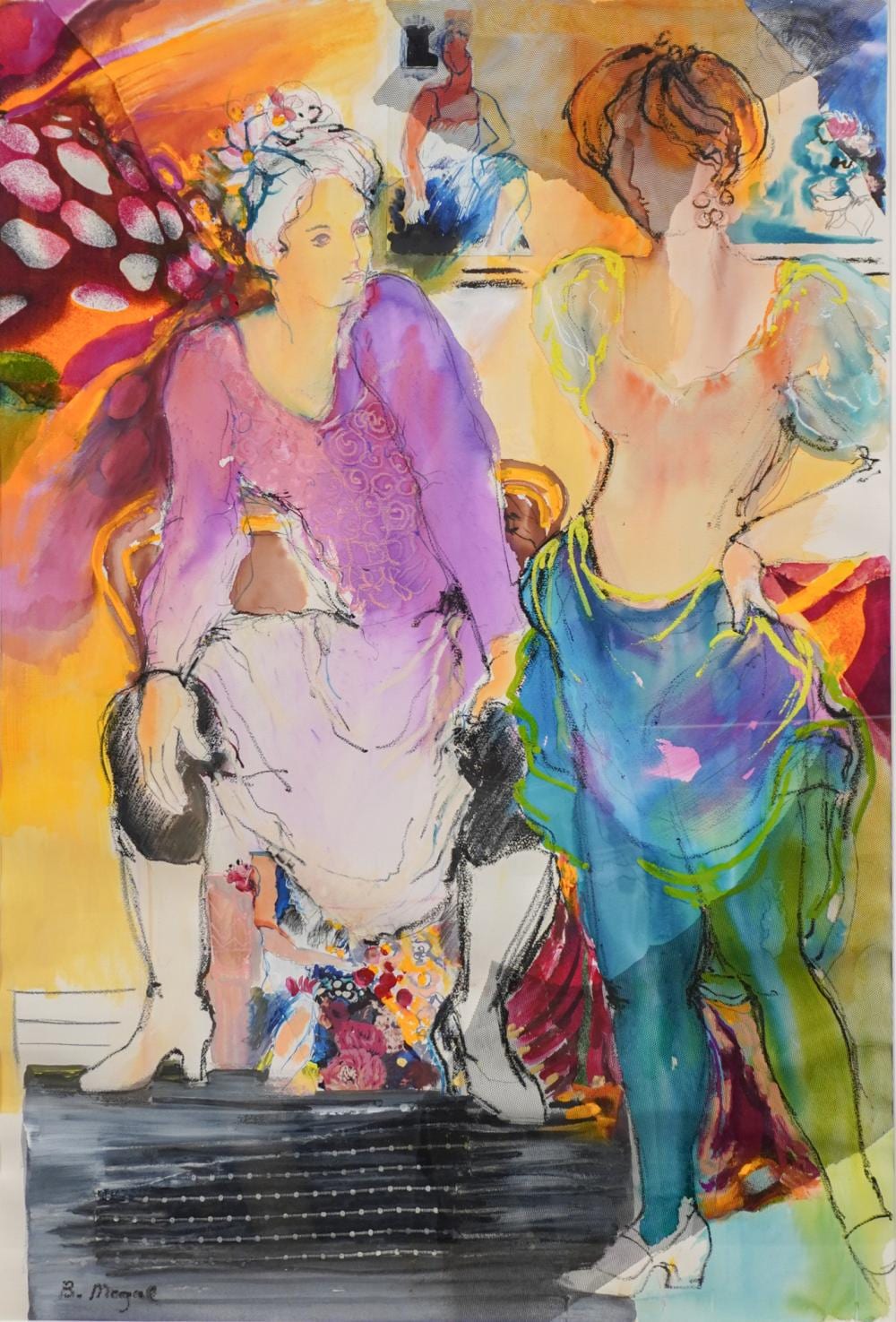 Biata Magal comparable auction result: batia magal israeli b 1953 two women mixed media on paper signed l r frame 5 3 4 x 39 1 2 in 14 6 x 100 3 cm