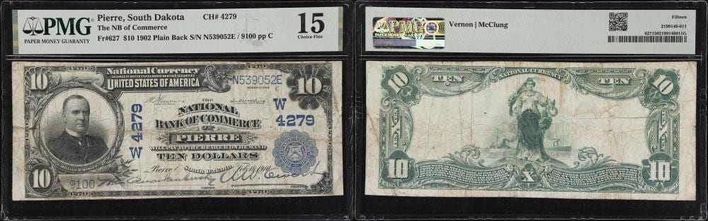 Pierre Jacques Volaire comparable auction result: pierre south dakota 10 1902 plain back fr 627 nb of commerce charter 4279 pmg choice fine 15