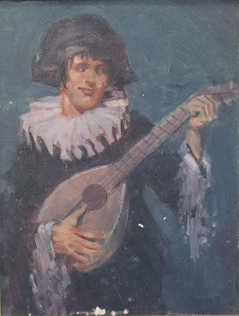 Raymond Lindsay comparable auction result: raymond lindsay oil on board portrait of a lute player signed and dated 55 lower right approx 28cm by 21cm note some paint loss