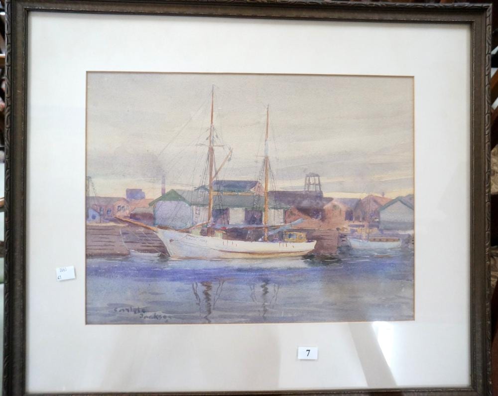 Carlyle Jackson comparable auction result: carlyle jackson watercolour yacht in harbour 44 x 34 cm