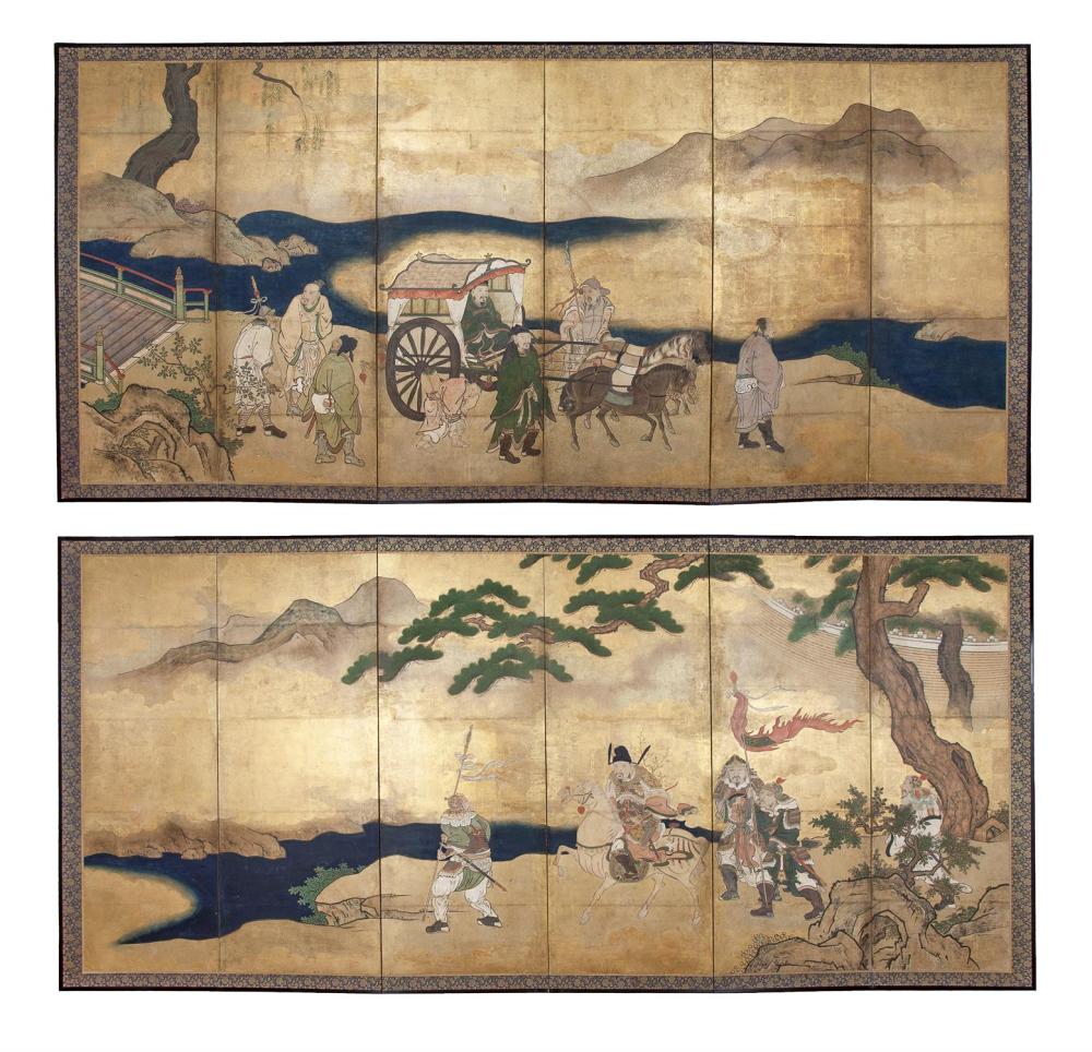 A good pair of Japanese Six-Fold Kano School Style Byobu sold by Dreweatts 1759 Fine Sales, lot 606 — auction record photograph