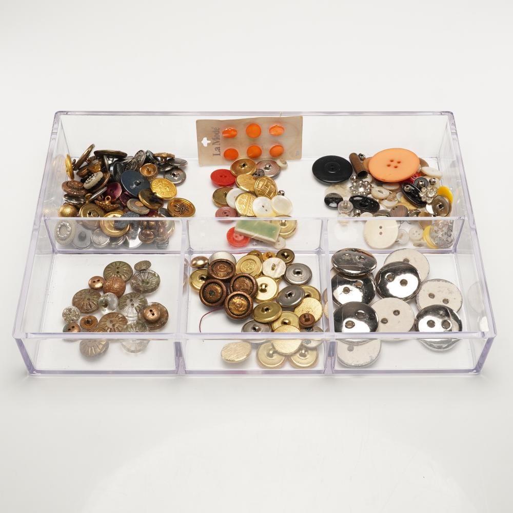 Box of assorted vintage-style buttons in metal, plastic, and resin colors including gold, black, orange, white, and multi-color.
